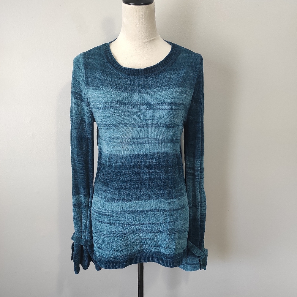 St Johns Bay woman S Sweater Teal Striped Heather Flare Tie Sleeve